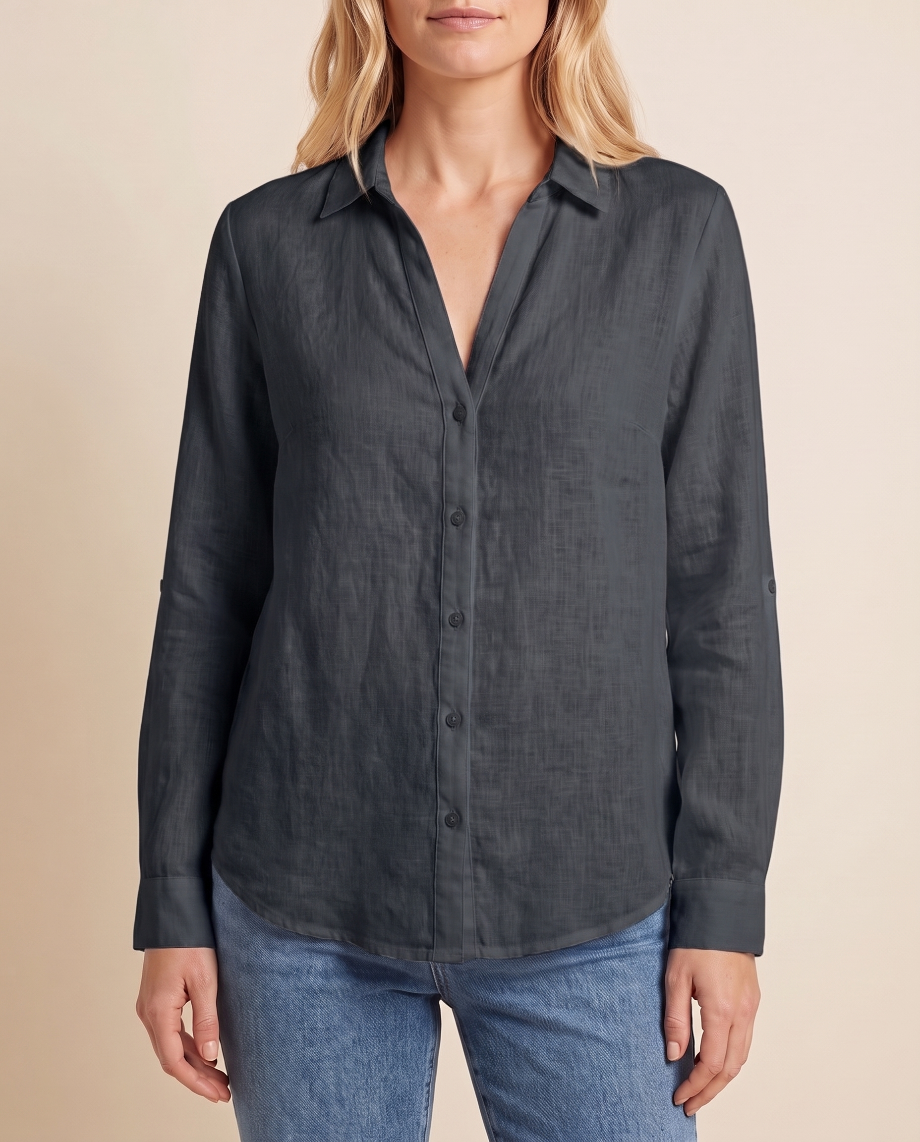 Women's Blouse with Button Front and Roll-Tab Sleeves — Black — studio front
