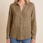 Women's Blouse with Button Front and Roll-Tab Sleeves — Brown — studio front