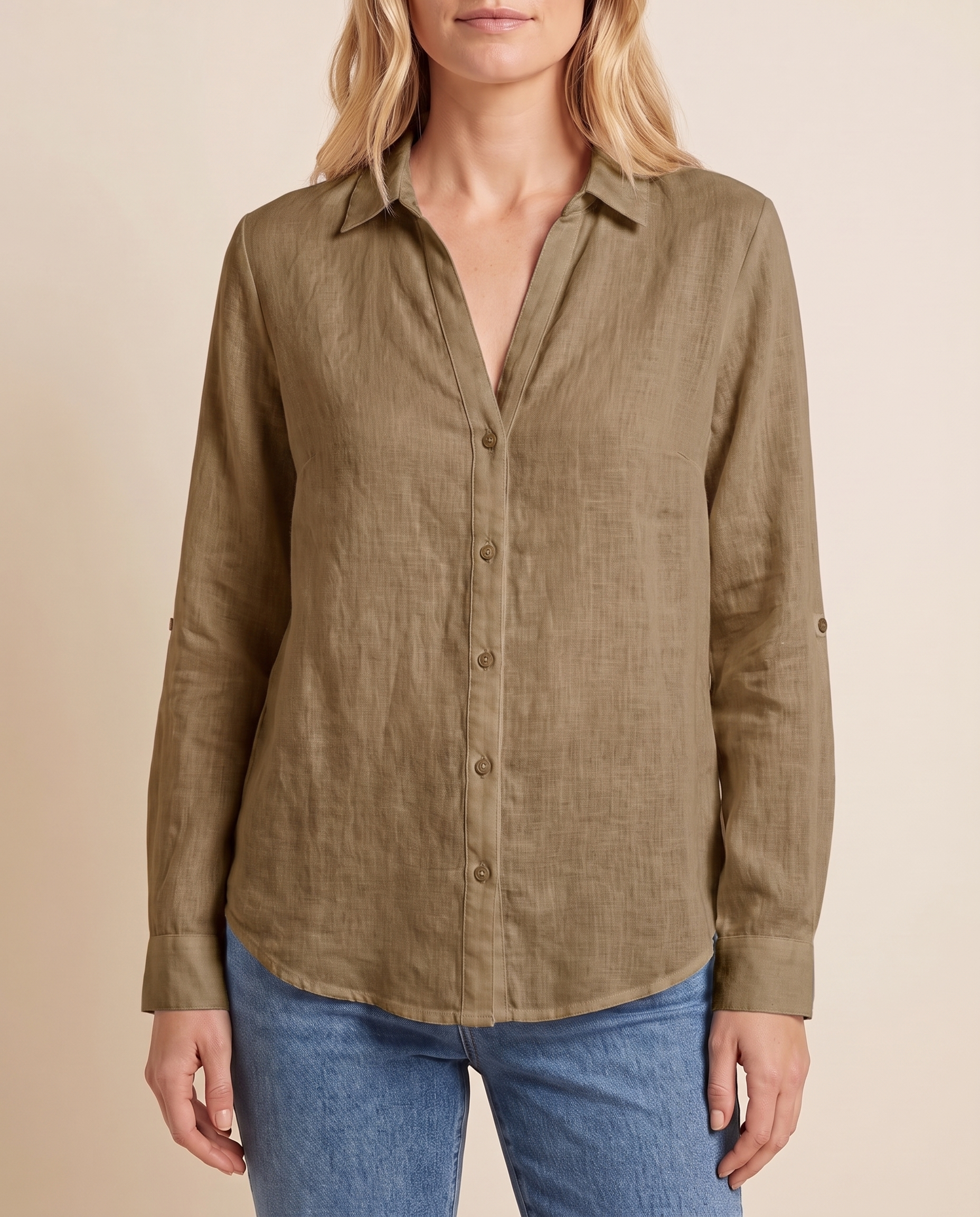 Women's Blouse with Button Front and Roll-Tab Sleeves — Brown — studio front