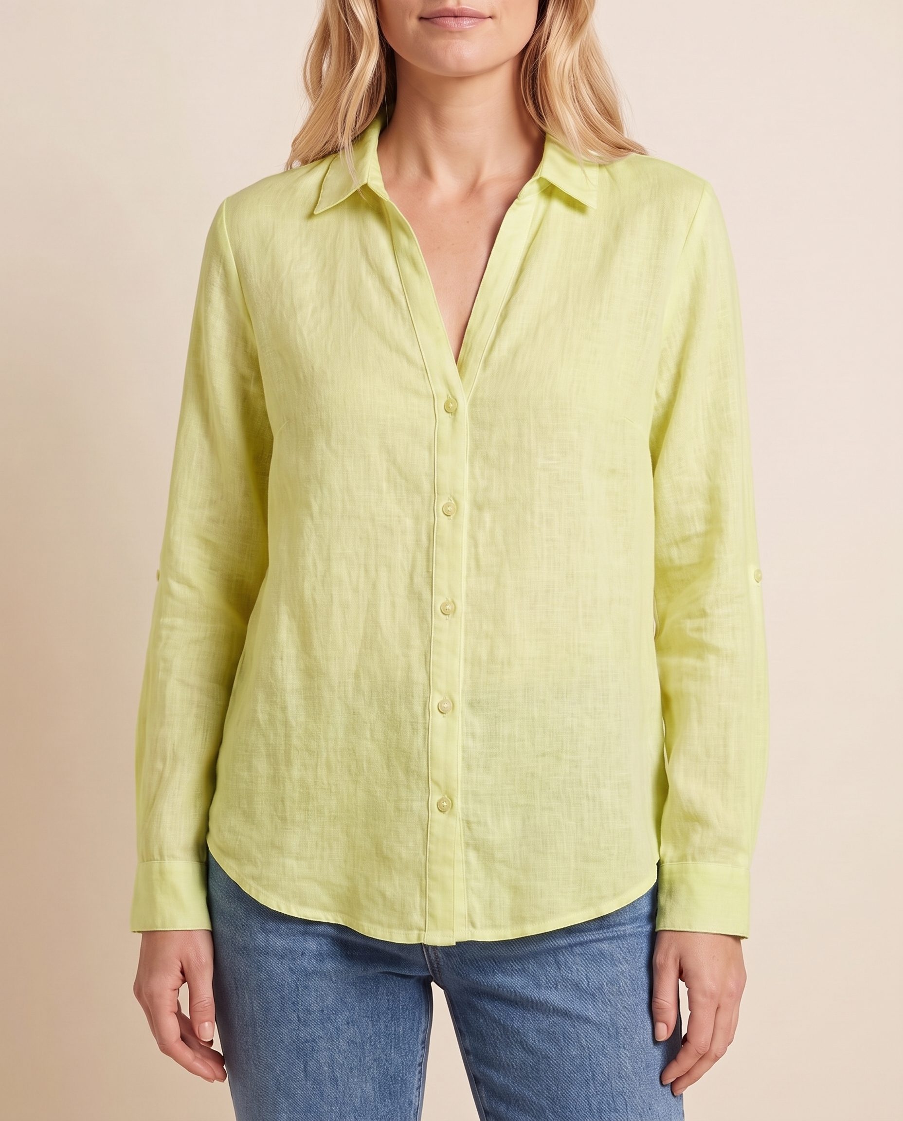 Women's Blouse with Button Front and Roll-Tab Sleeves — Green — studio front