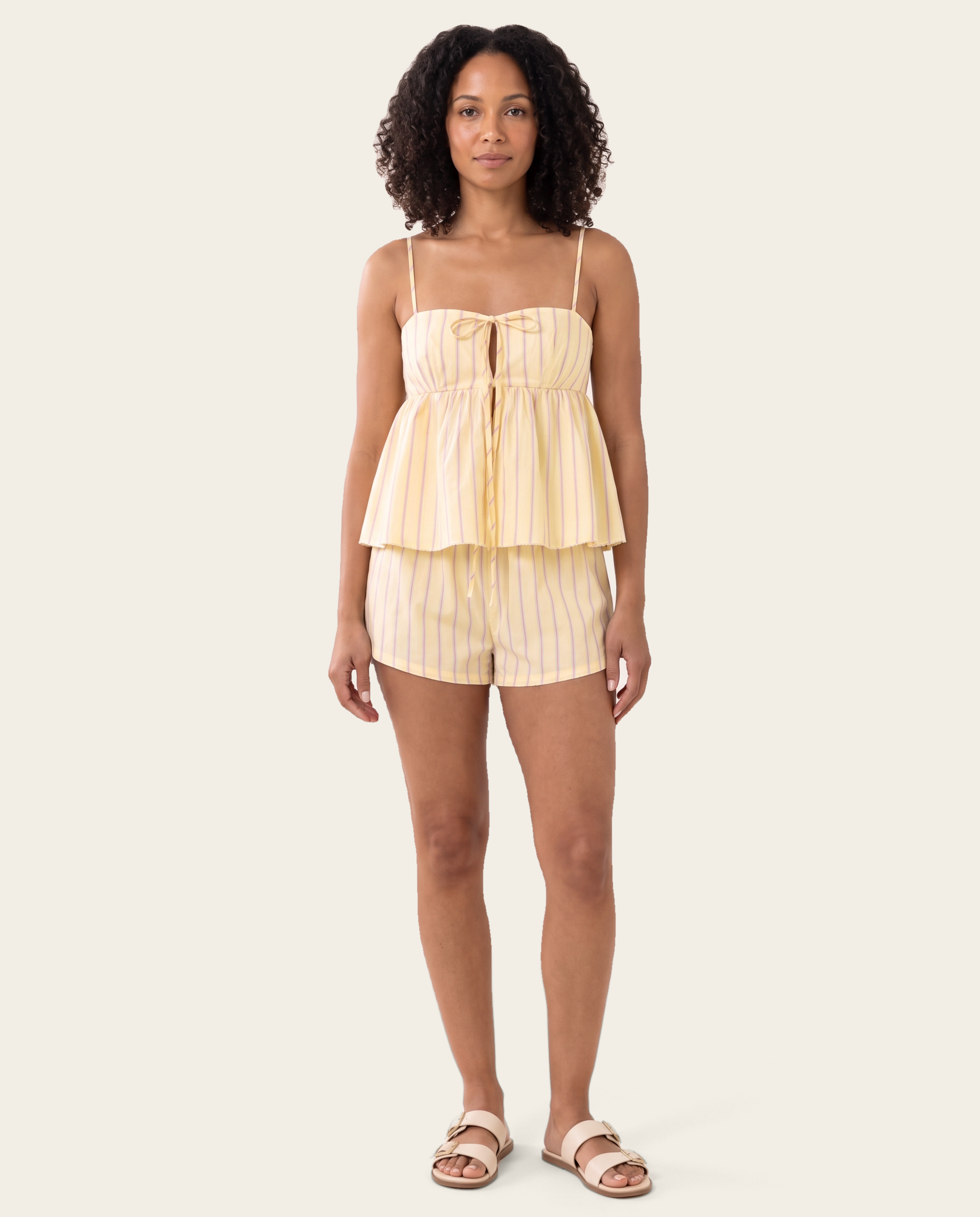 Striped tie front cami and boxer short set — front