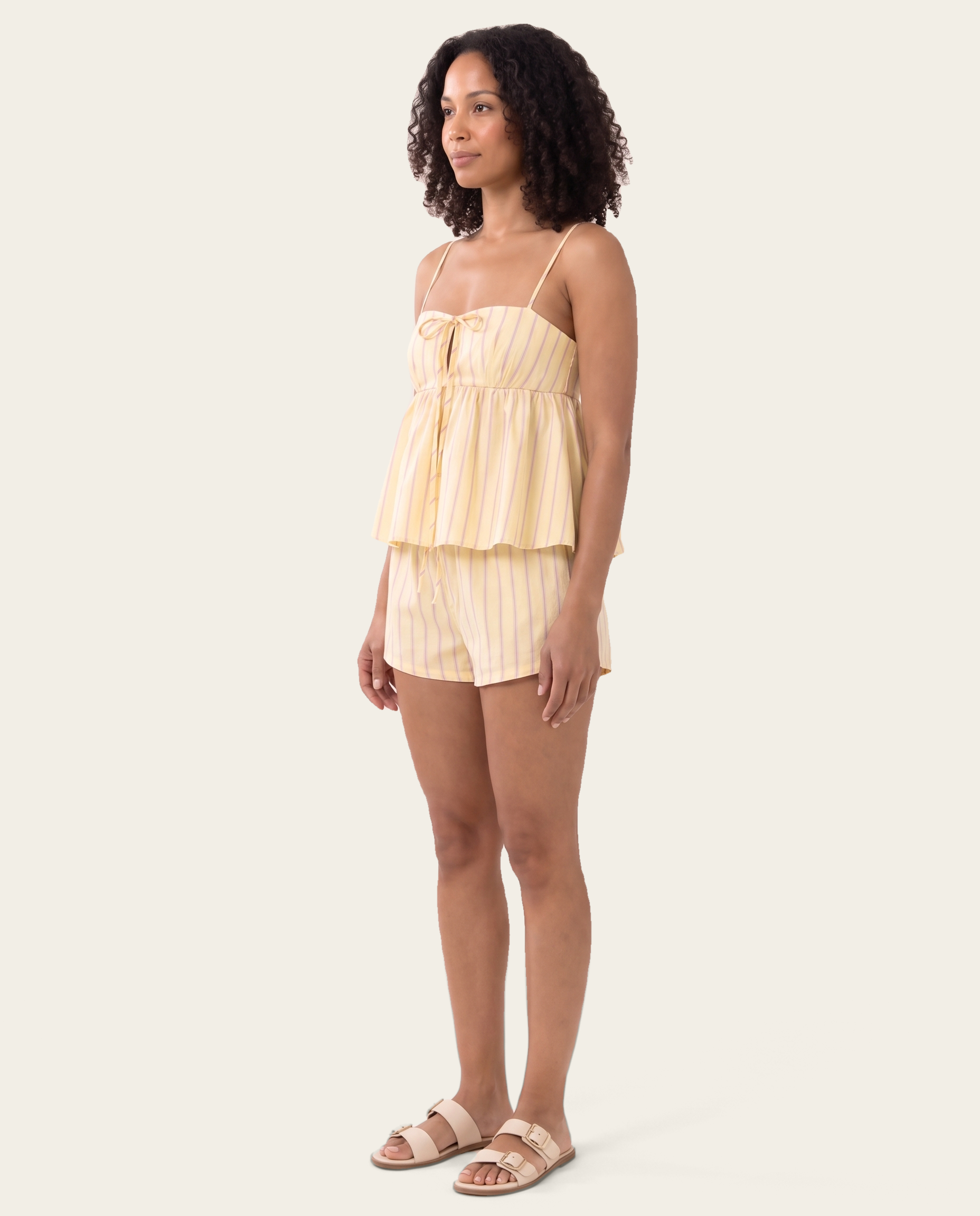 Striped tie front cami and boxer short set — three-quarter view