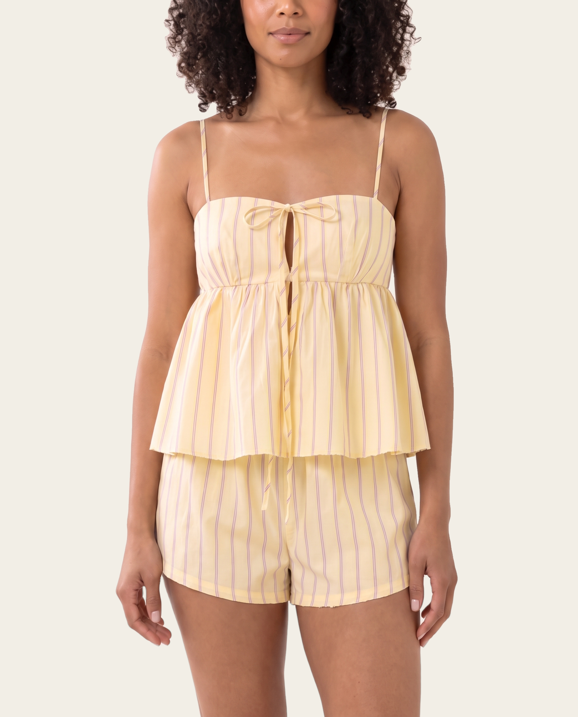 Striped tie front cami and boxer short set — fabric and tie detail