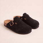 Ellis Buckle-Strap Cork-Footbed Clogs — Black — studio front view
