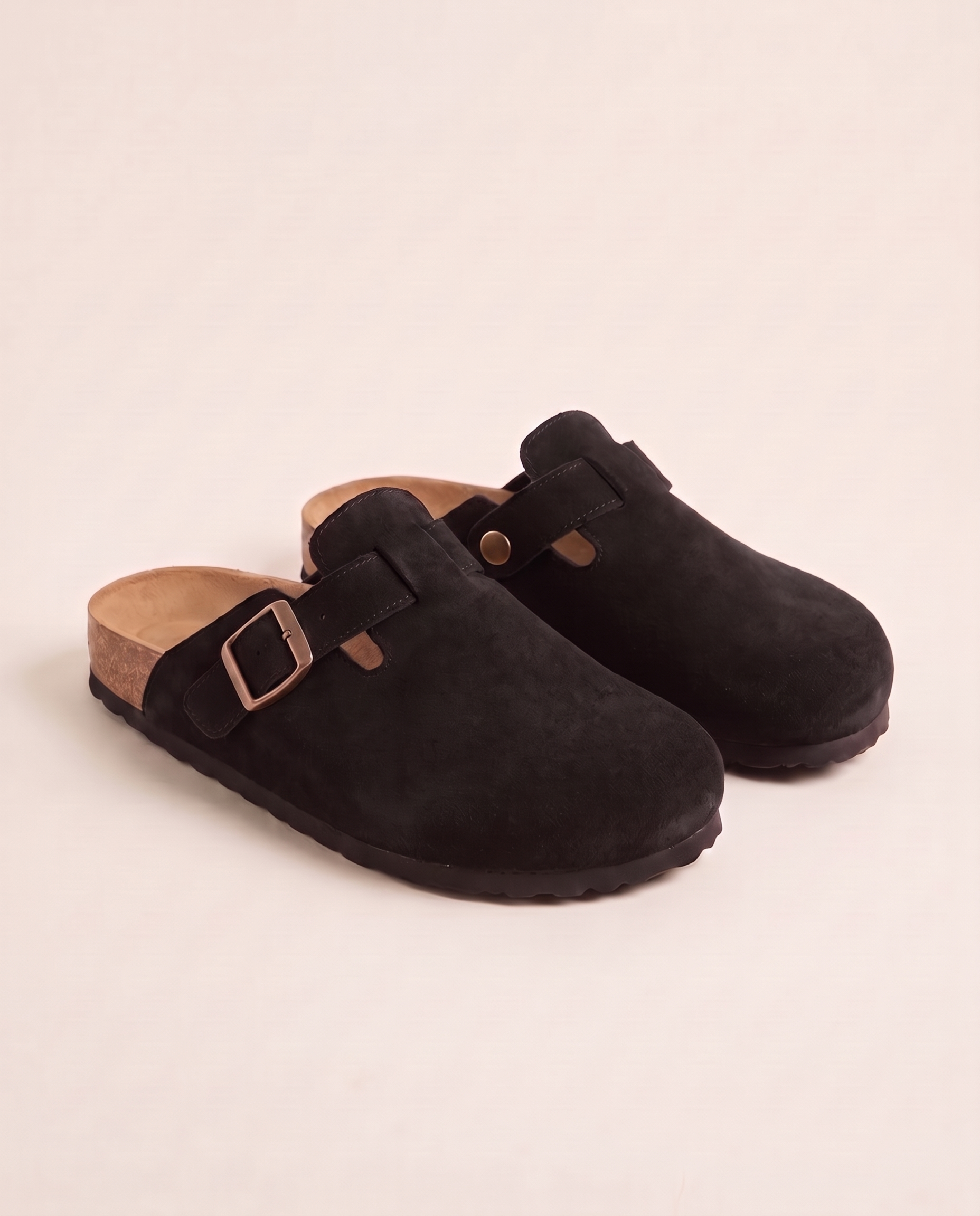 Ellis Buckle-Strap Cork-Footbed Clogs — Black — studio front view