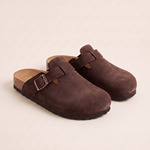 Ellis Buckle-Strap Cork-Footbed Clogs — Chocolate — studio front view