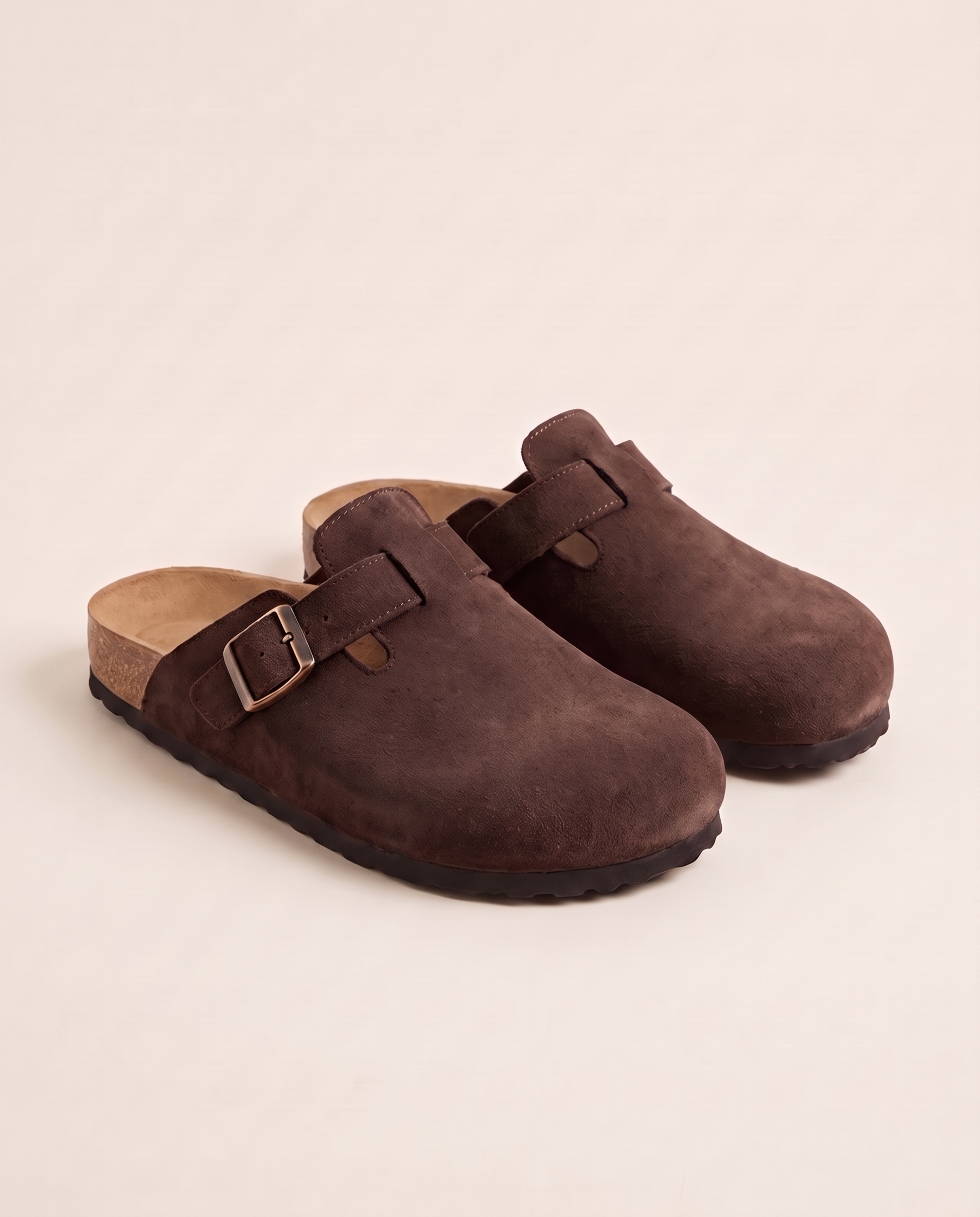 Ellis Buckle-Strap Cork-Footbed Clogs — Chocolate — studio front view
