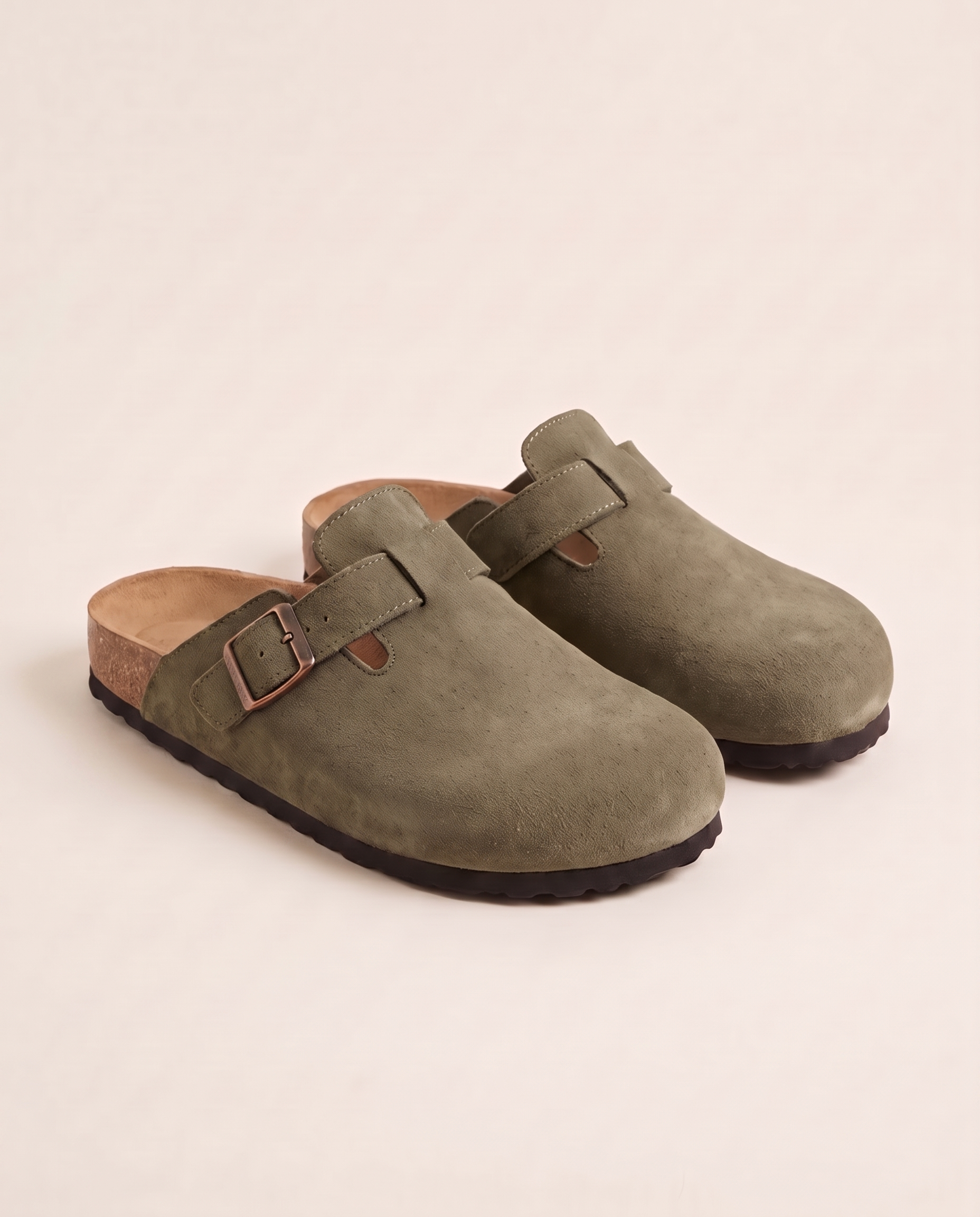Ellis Buckle-Strap Cork-Footbed Clogs — Olive — studio front view