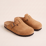 Ellis Buckle-Strap Cork-Footbed Clogs — Tan — studio front view