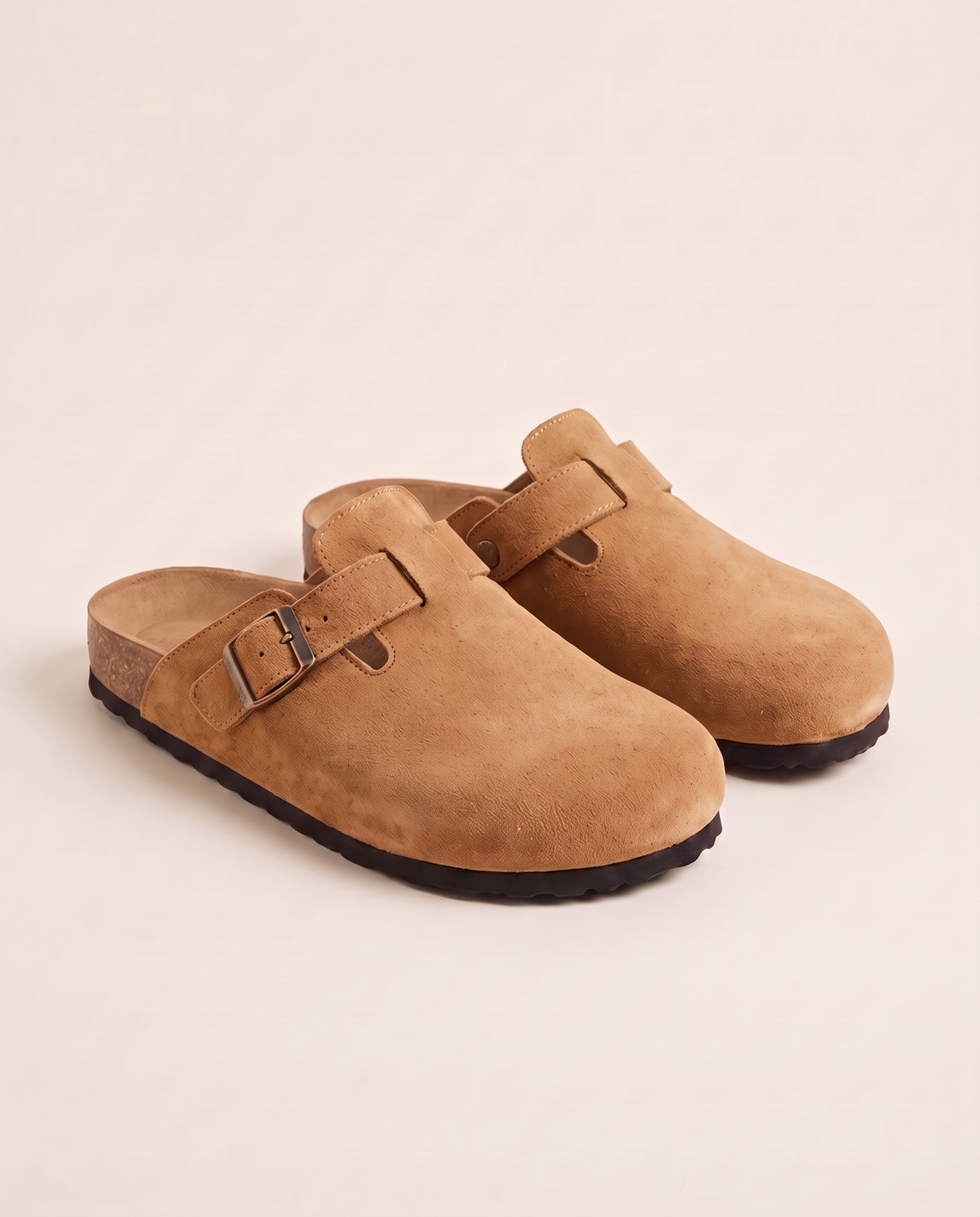 Ellis Buckle-Strap Cork-Footbed Clogs — Tan — studio front view