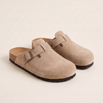 Ellis Buckle-Strap Cork-Footbed Clogs — Beige — studio front view