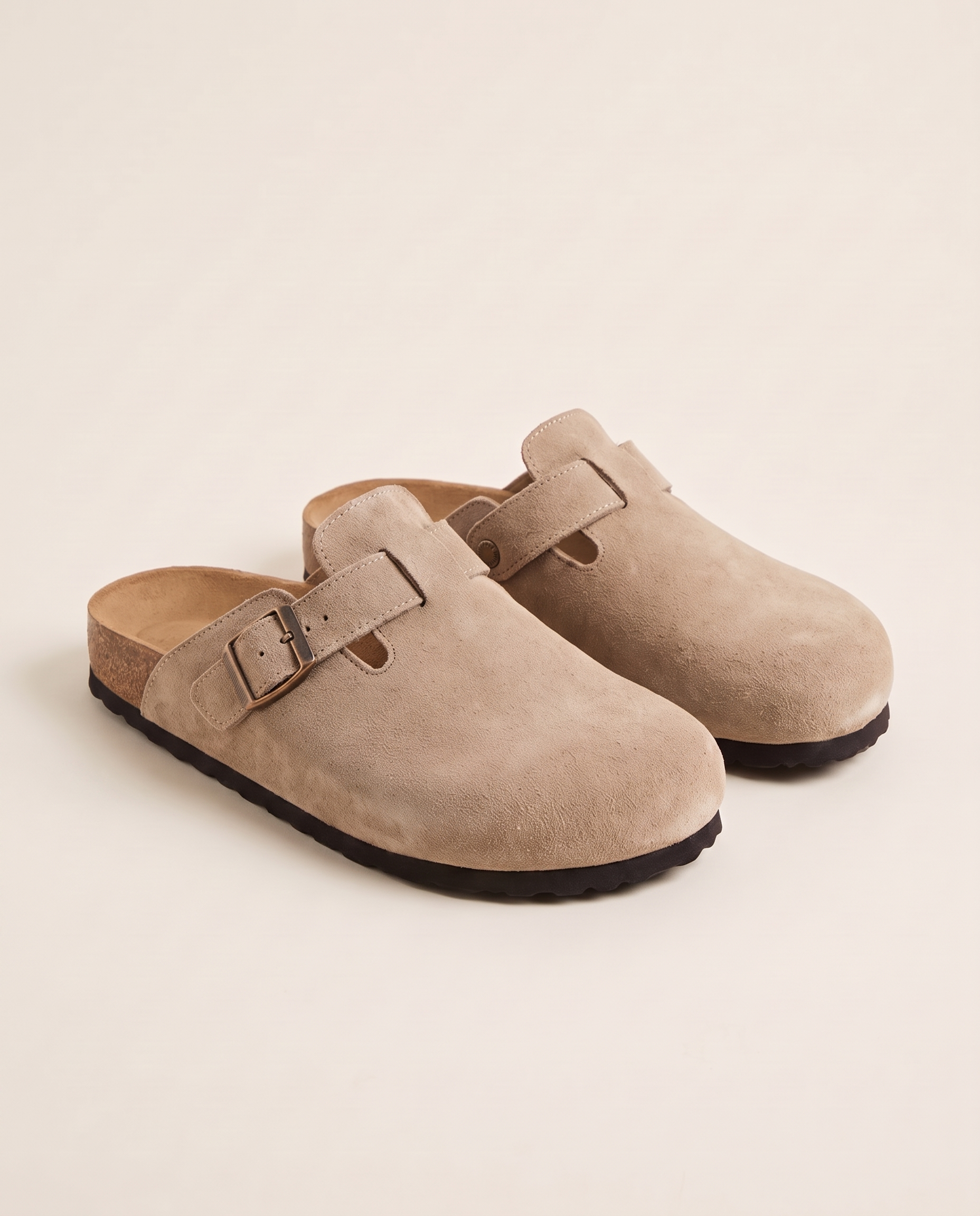 Ellis Buckle-Strap Cork-Footbed Clogs — Beige — studio front view