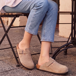 Ellis Buckle-Strap Cork-Footbed Clogs — Beige — cafe lifestyle