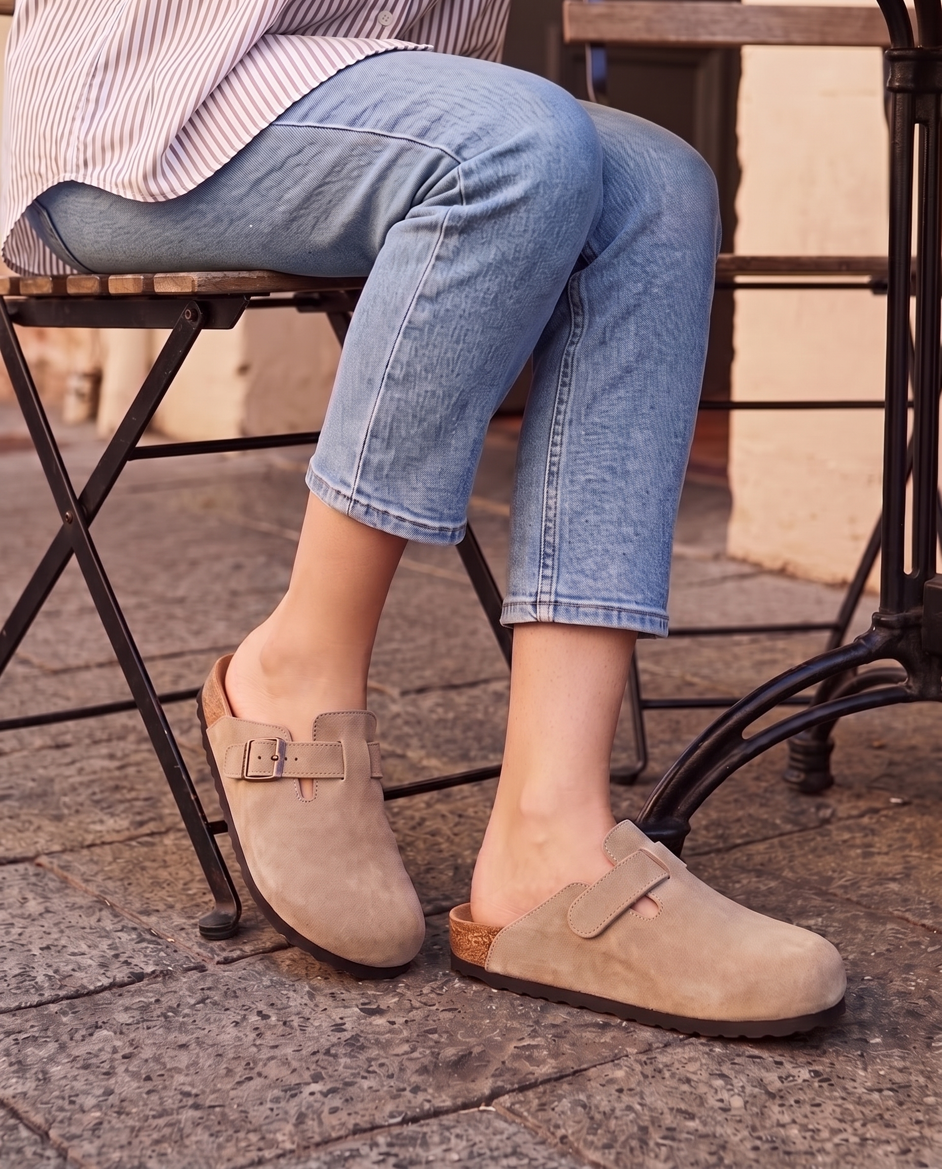 Ellis Buckle-Strap Cork-Footbed Clogs — Beige — cafe lifestyle