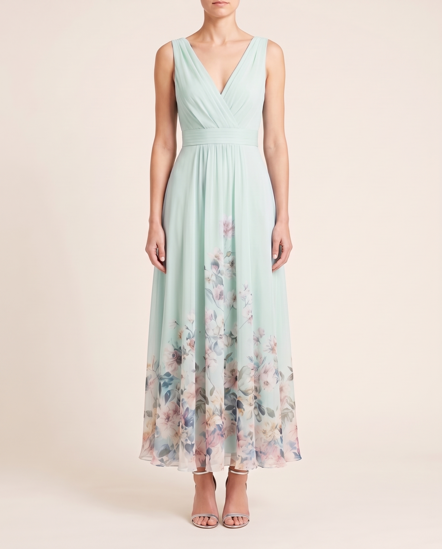 Harper Floral Wedding Guest Midi Dress — Light Green — studio front