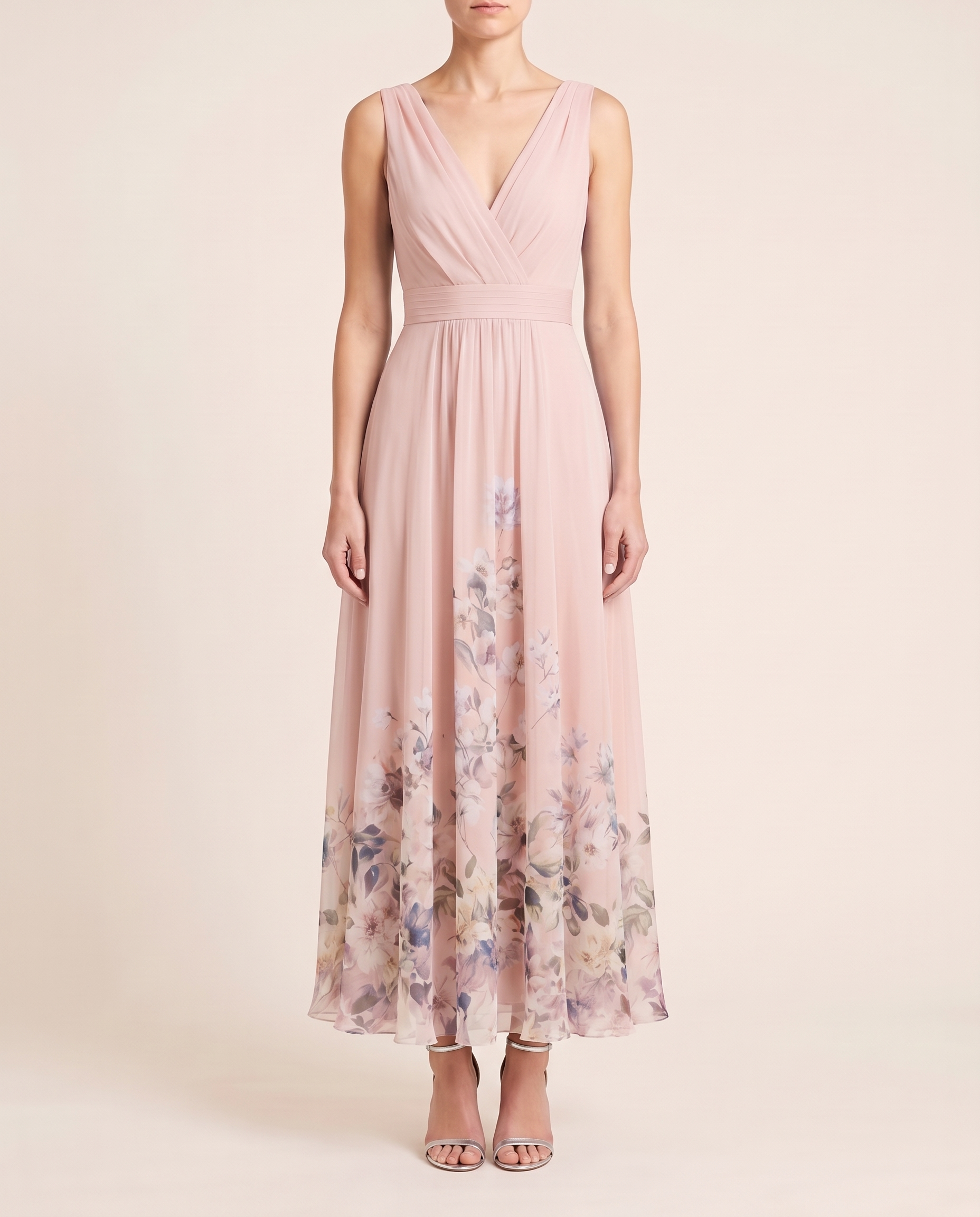 Harper Floral Wedding Guest Midi Dress — Pink — studio front