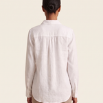 White linen button-front shirt — back view