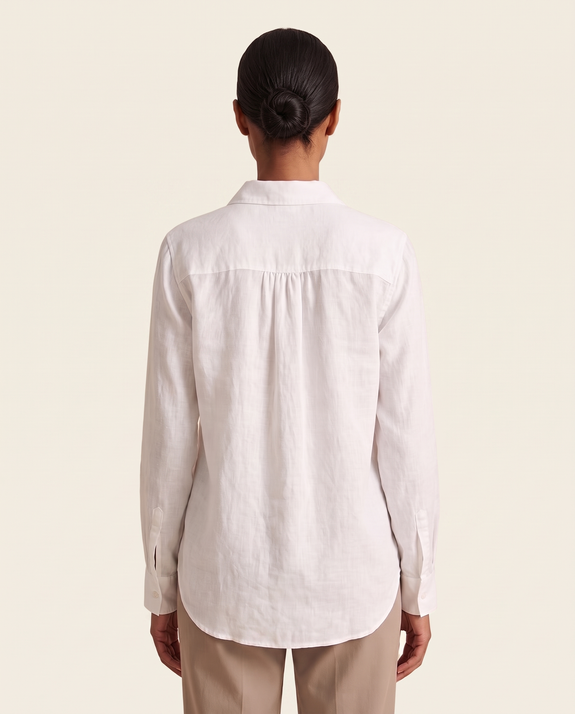 White linen button-front shirt — back view