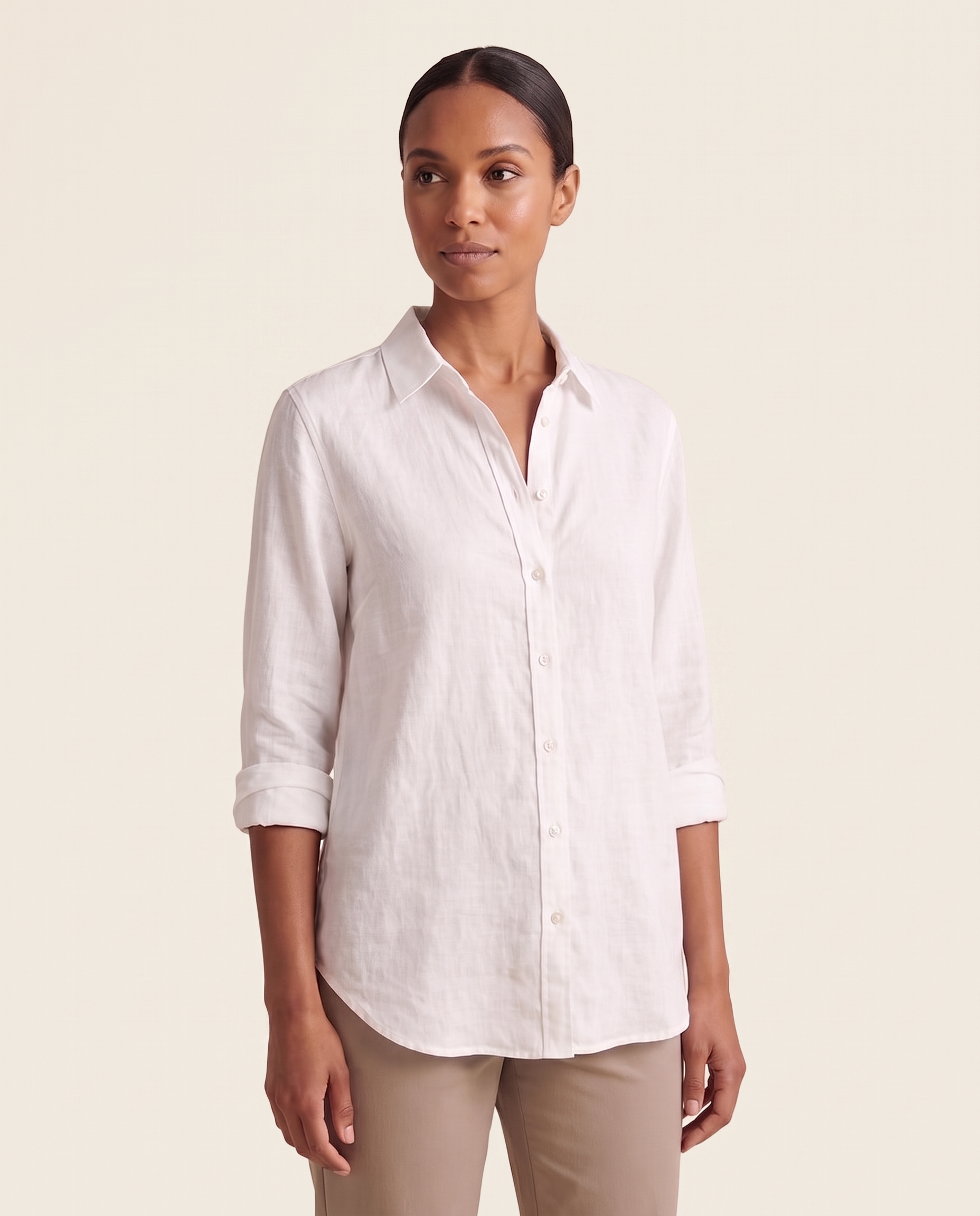 White linen button-front shirt — three-quarter view