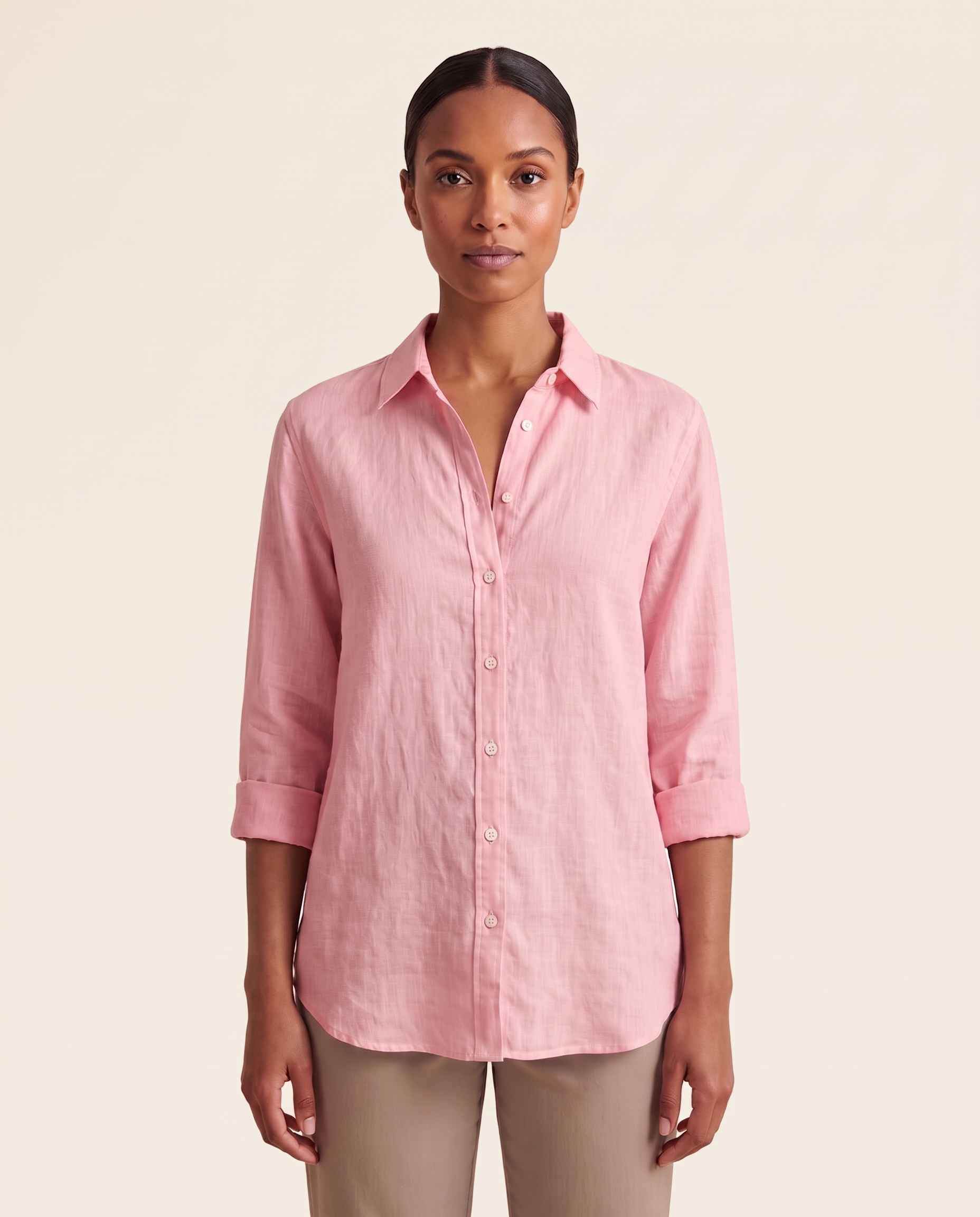 Pink linen button-front shirt — front view