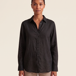 Black linen button-front shirt — front view