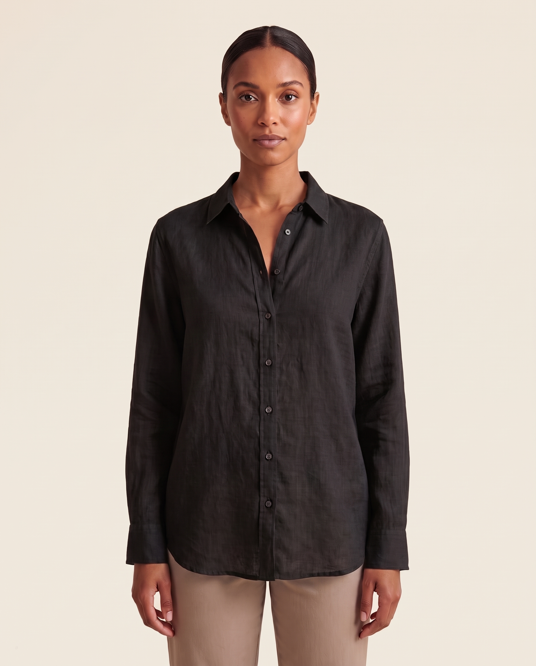 Black linen button-front shirt — front view