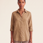 Brown linen button-front shirt — front view