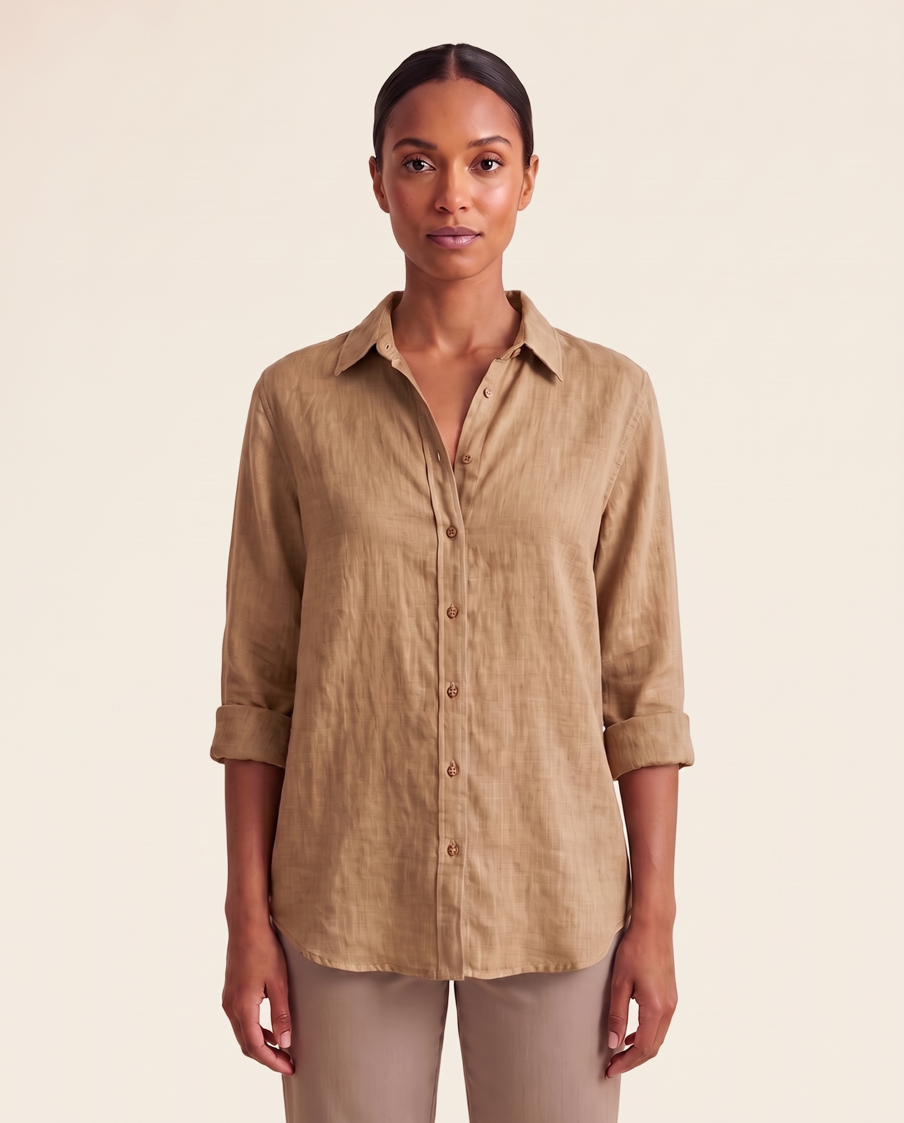 Brown linen button-front shirt — front view