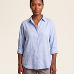 Blue linen button-front shirt — front view