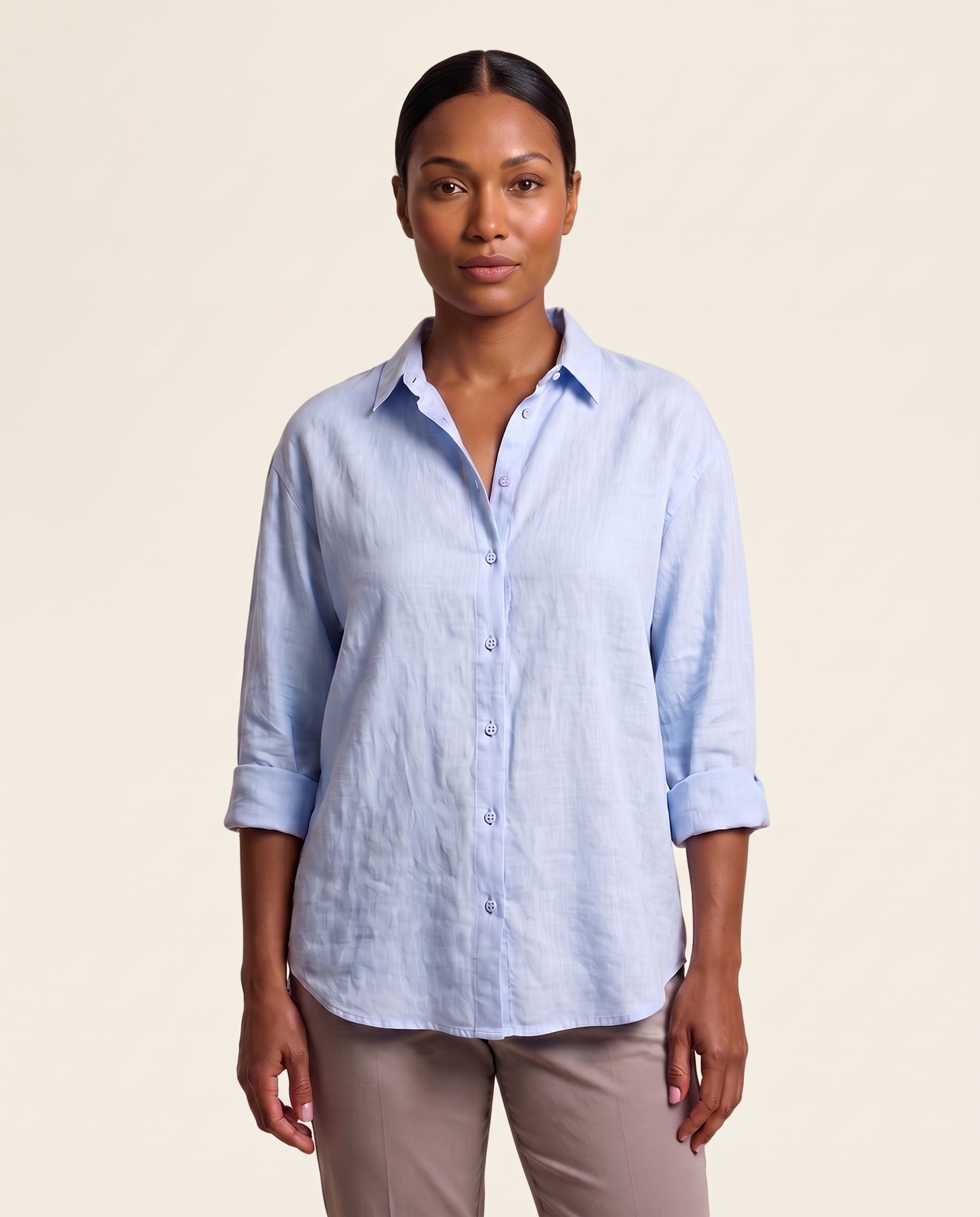 Blue linen button-front shirt — front view