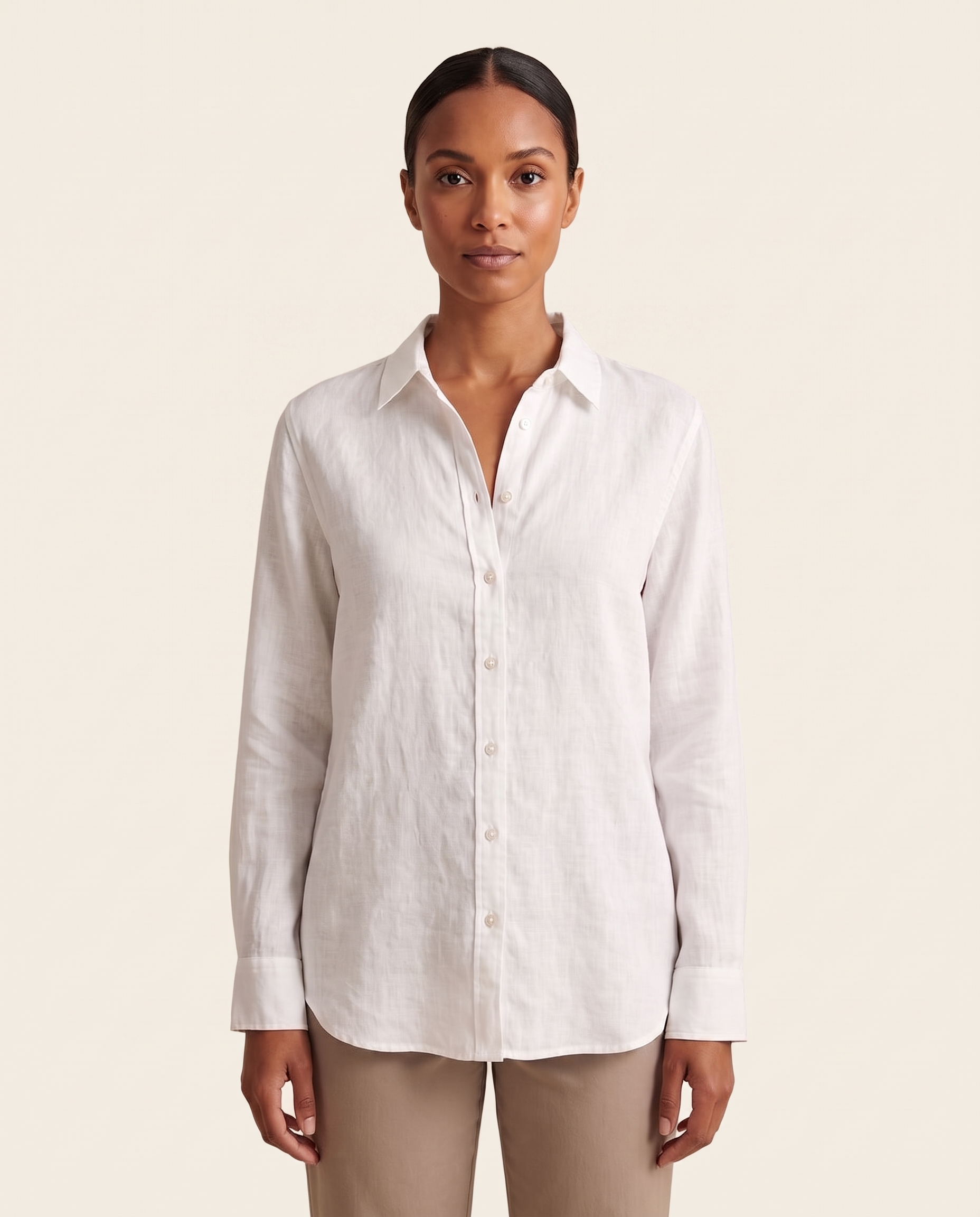 White linen button-front shirt — front view