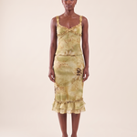 Fern Sheer Ruffle Camisole and Midi Skirt Set — Yellow Green — front view