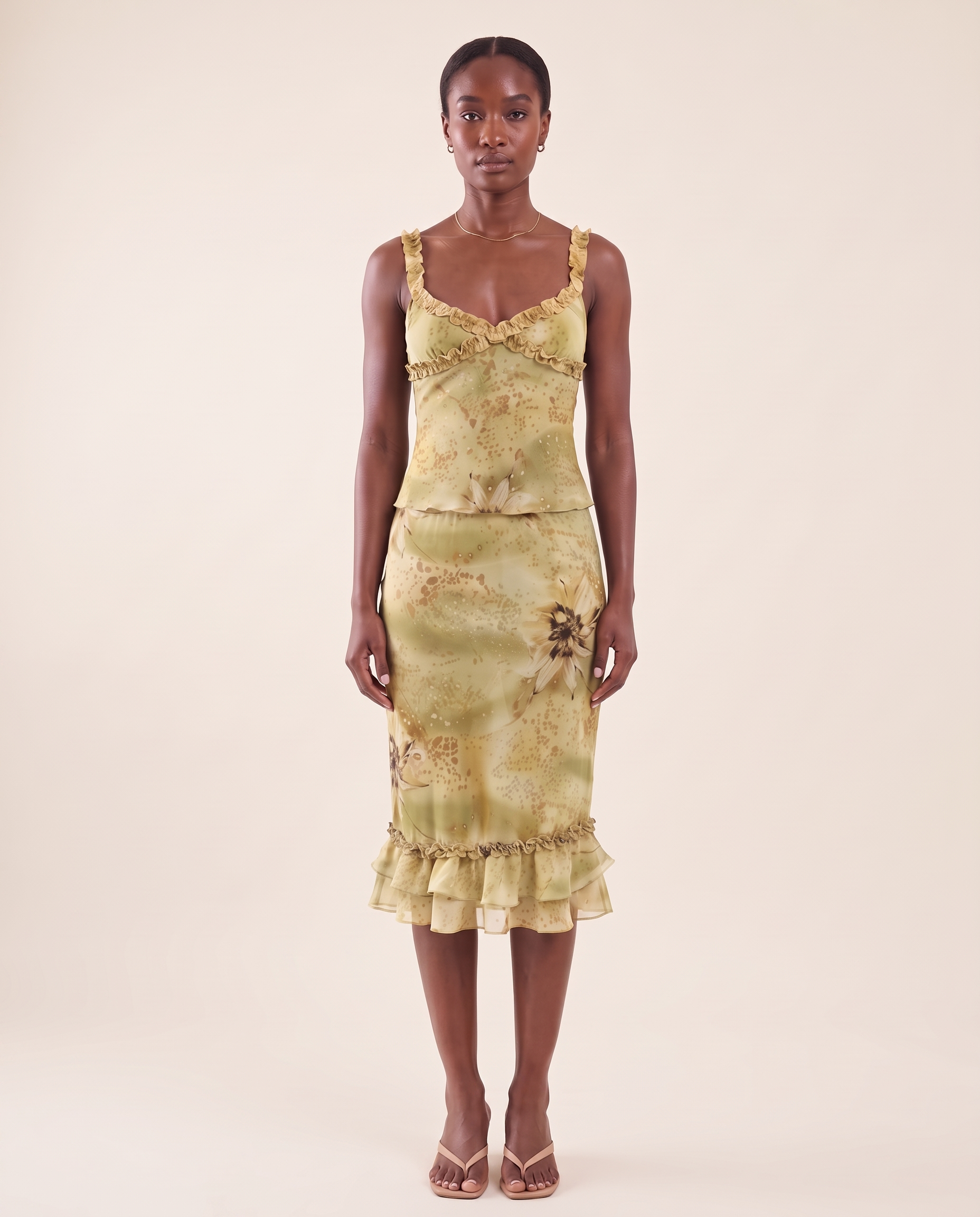 Fern Sheer Ruffle Camisole and Midi Skirt Set — Yellow Green — front view