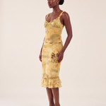 Fern Sheer Ruffle Camisole and Midi Skirt Set in Yellow Green — three-quarter view