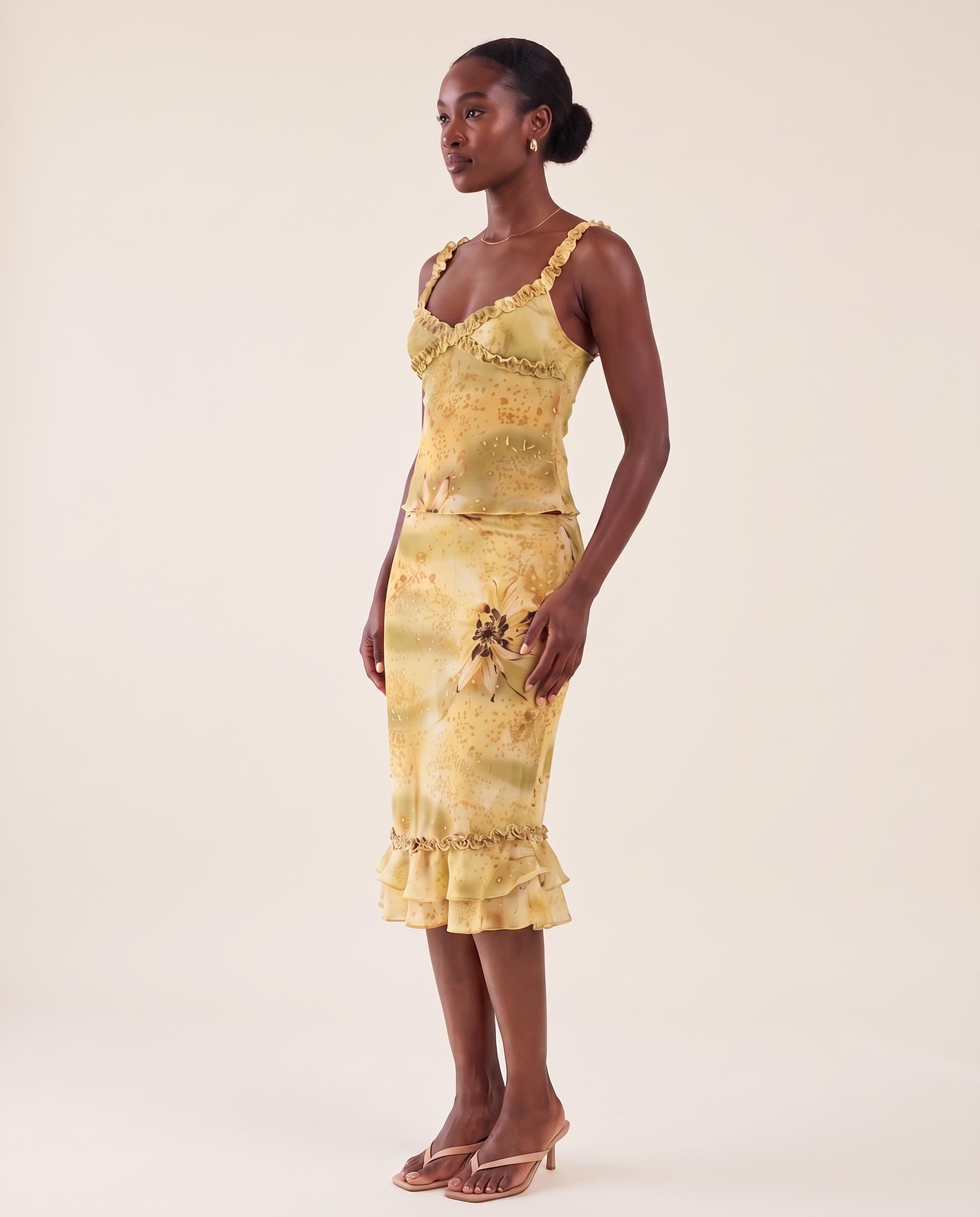 Fern Sheer Ruffle Camisole and Midi Skirt Set in Yellow Green — three-quarter view