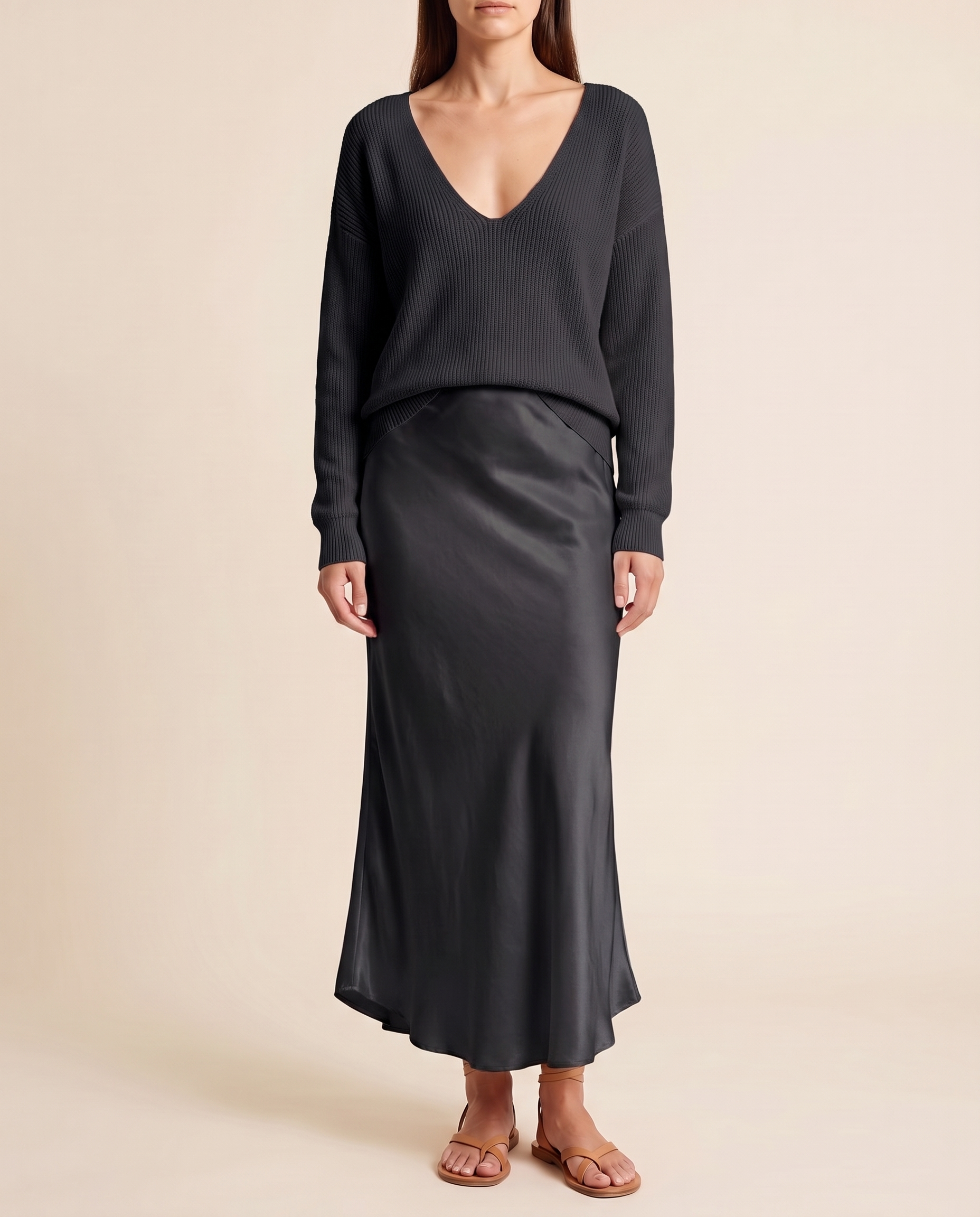 Niketa V-Neck Maxi Dress — Black — studio front