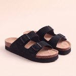 Marlow Double-Buckle Cork-Footbed Sandals — Black — studio front view