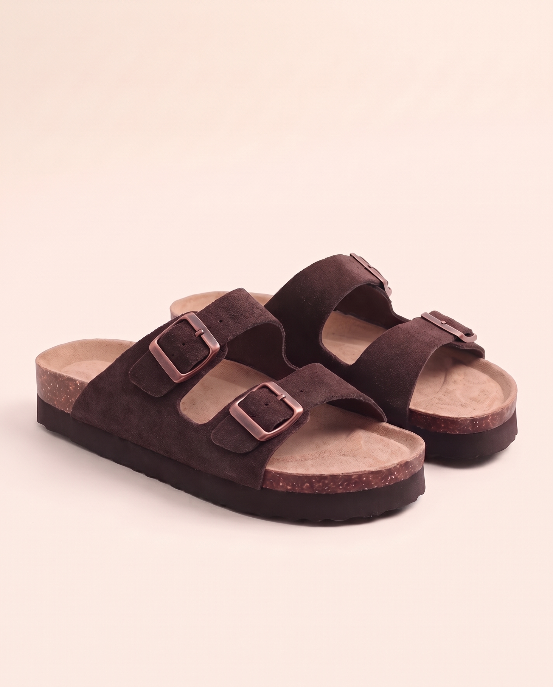 Marlow Double-Buckle Cork-Footbed Sandals — Chocolate — studio front view