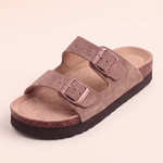 Marlow Double-Buckle Cork-Footbed Sandals — Taupe — detail view