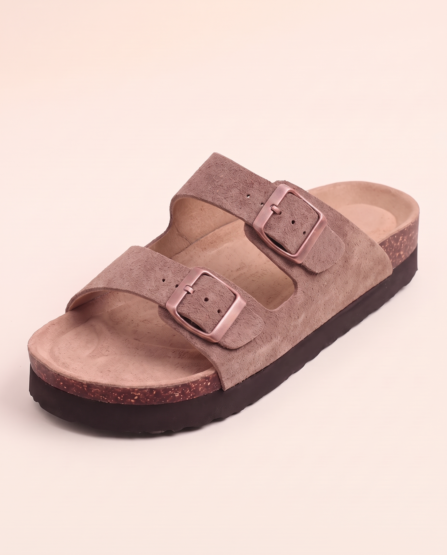 Marlow Double-Buckle Cork-Footbed Sandals — Taupe — detail view