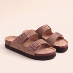 Marlow Double-Buckle Cork-Footbed Sandals — Taupe — studio front view