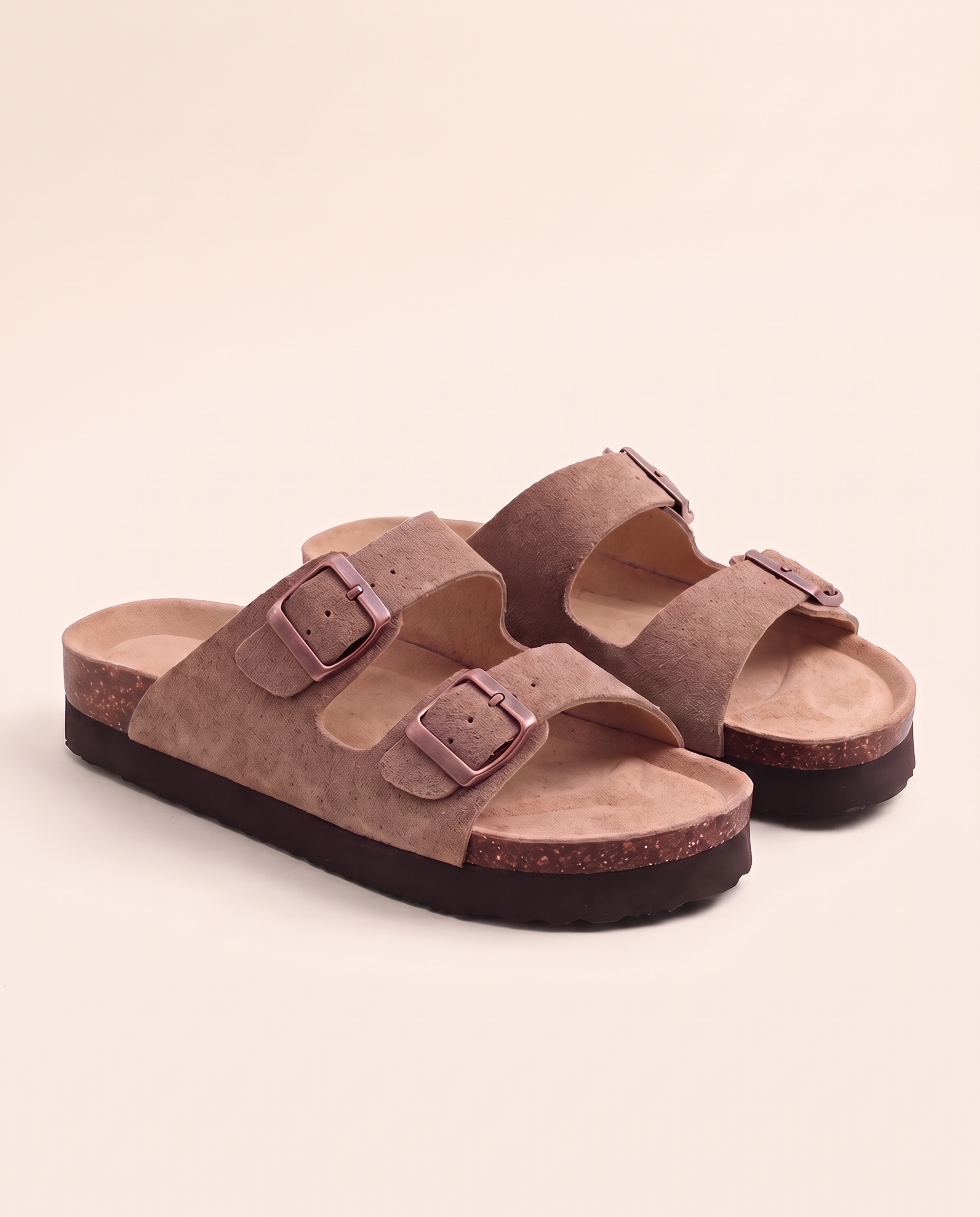 Marlow Double-Buckle Cork-Footbed Sandals — Taupe — studio front view