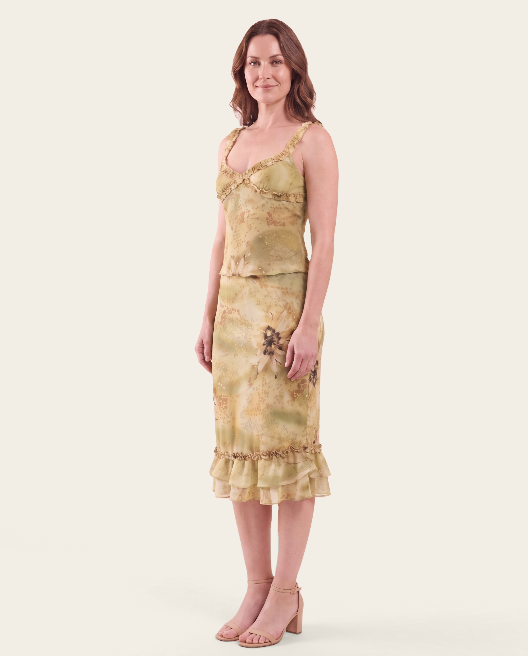 Sheer Ruffle Camisole and Midi Skirt Set - angle view
