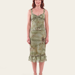 Sheer Ruffle Camisole and Midi Skirt Set - green front