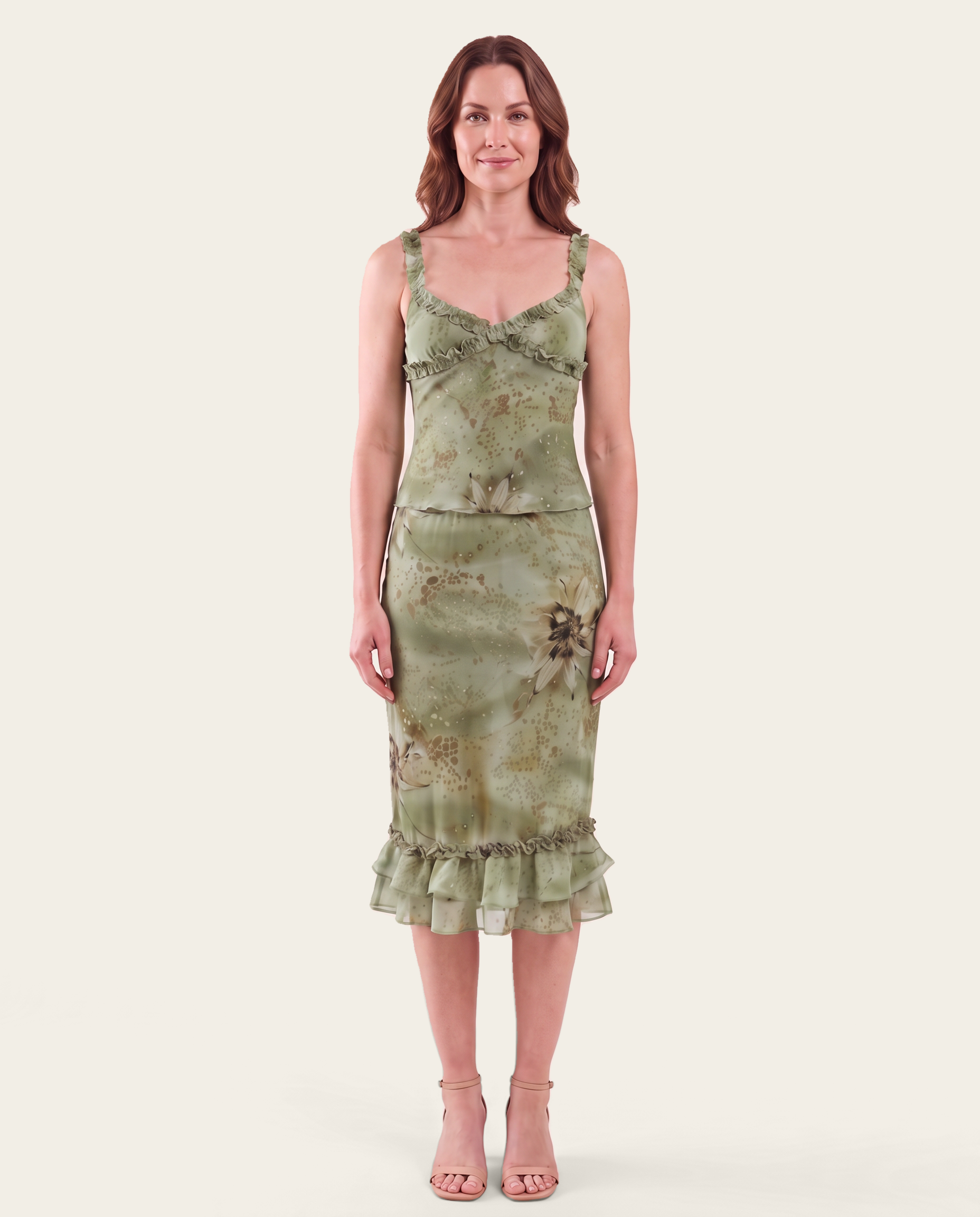 Sheer Ruffle Camisole and Midi Skirt Set - green front