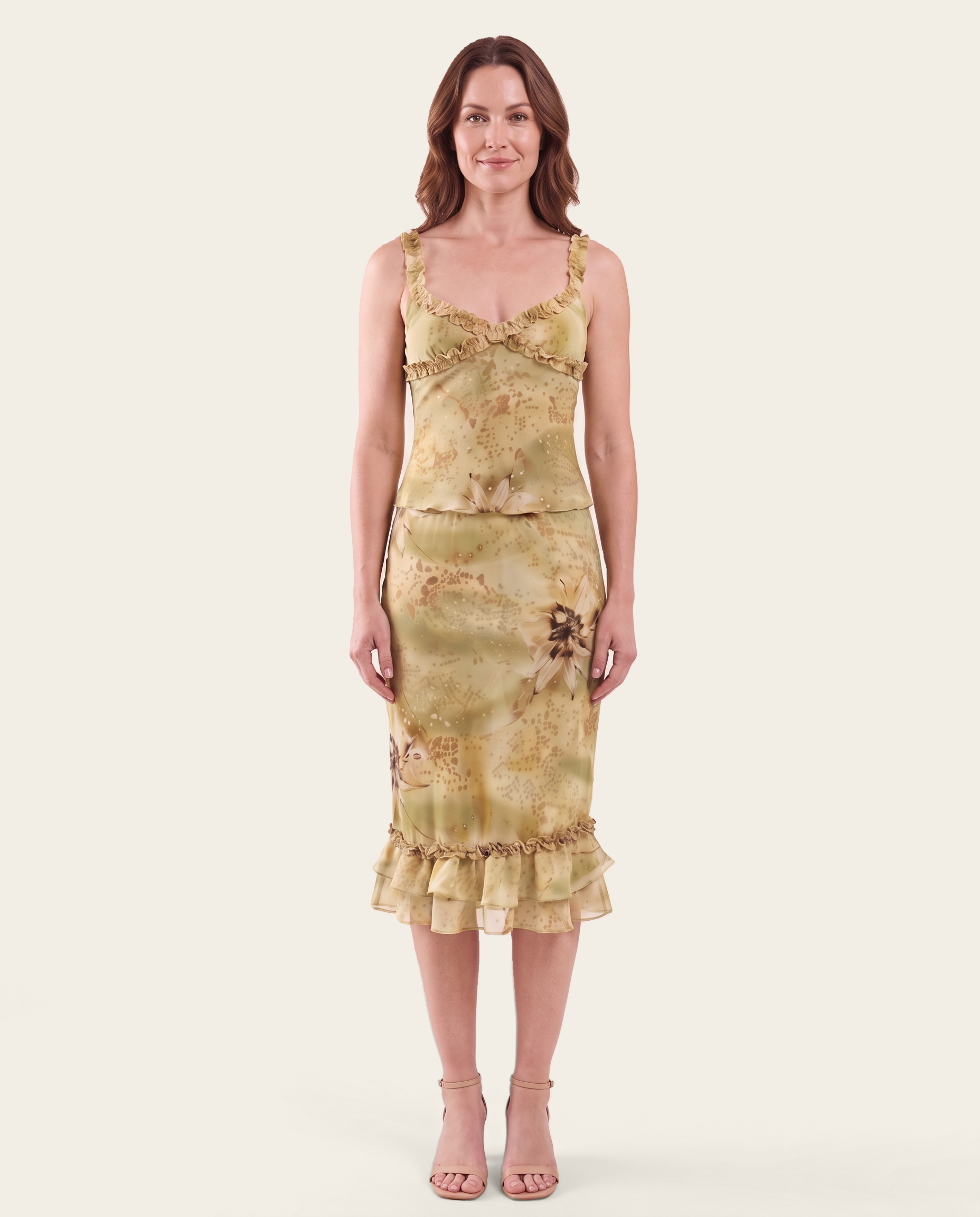 Sheer Ruffle Camisole and Midi Skirt Set - yellow green front