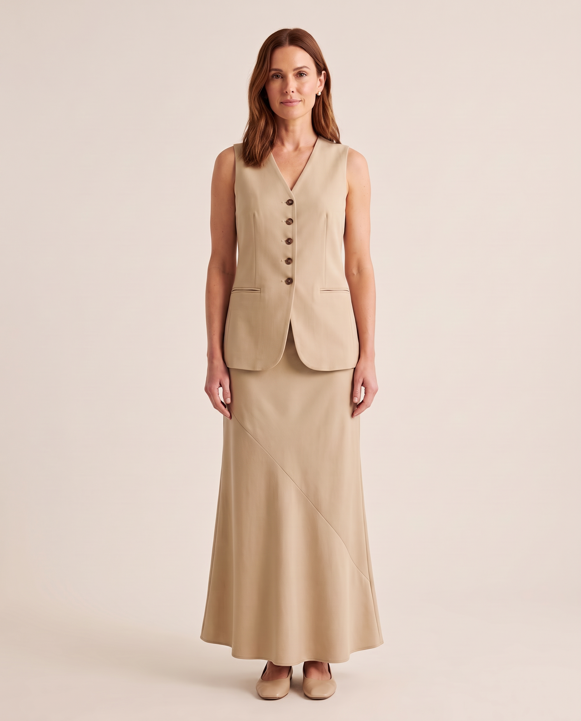 Studio front — Sleeveless Button Front Top and Skirt Set