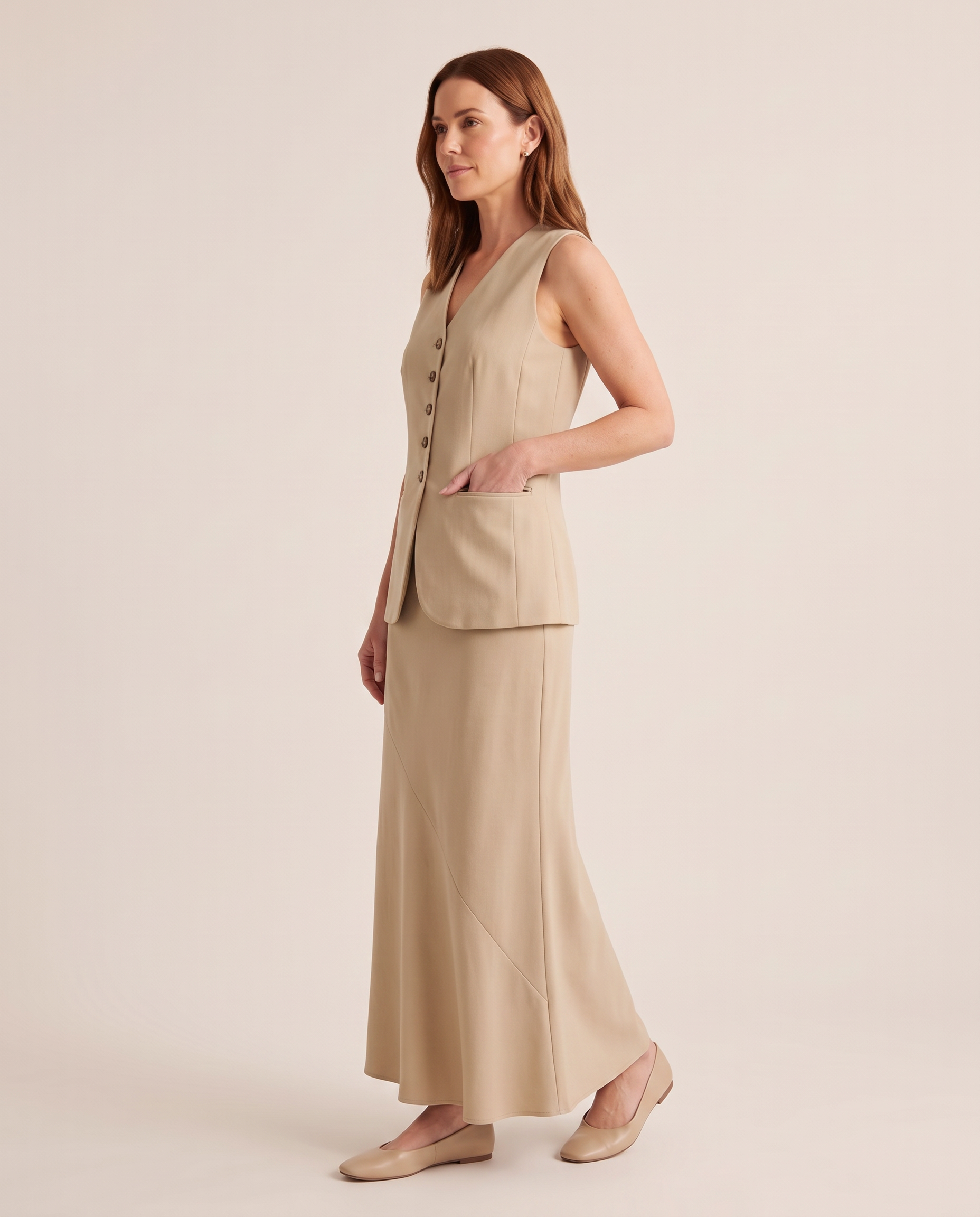 Studio three-quarter — Sleeveless Button Front Top and Skirt Set