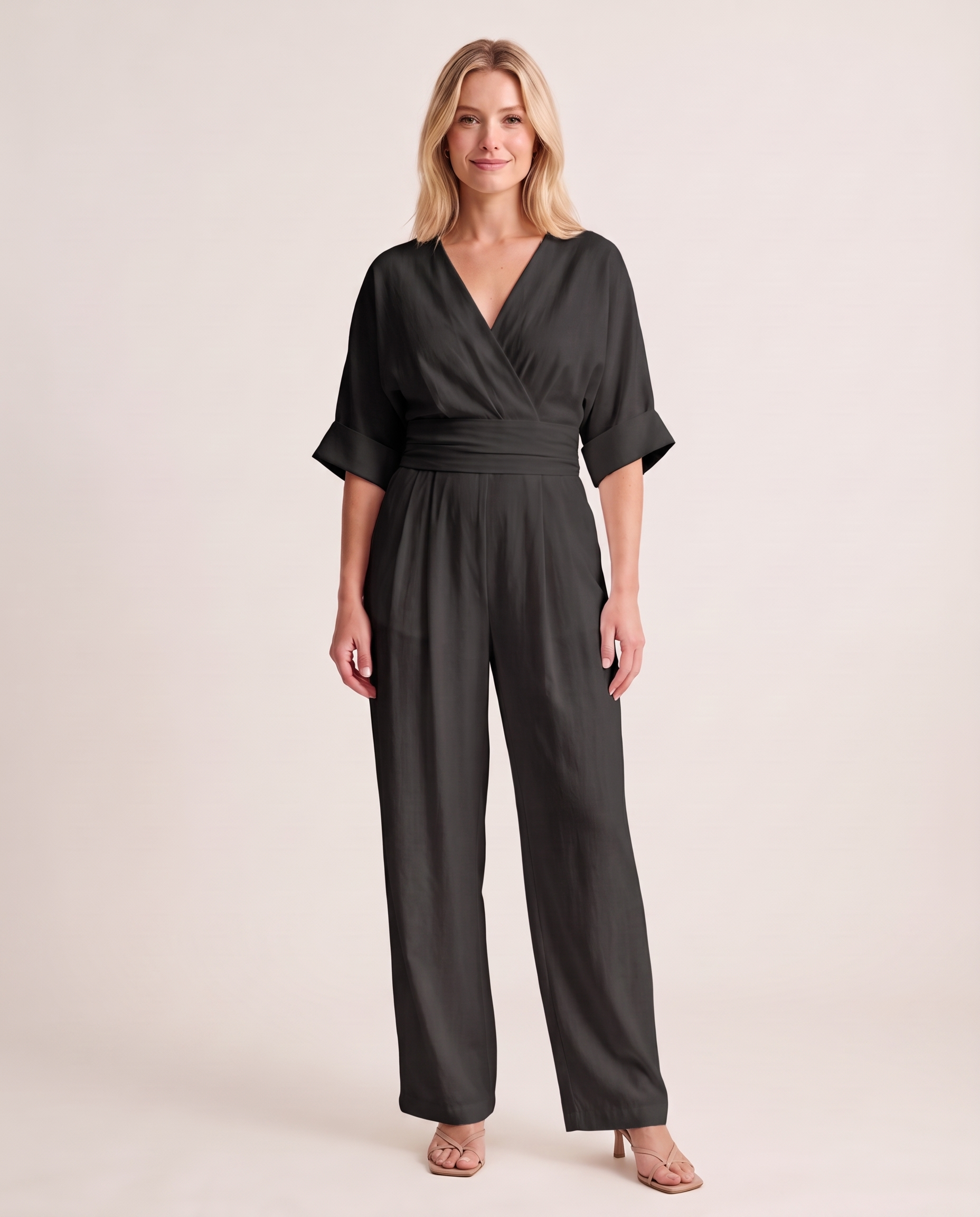 Surplice V Neck Wide Leg Jumpsuit — colour