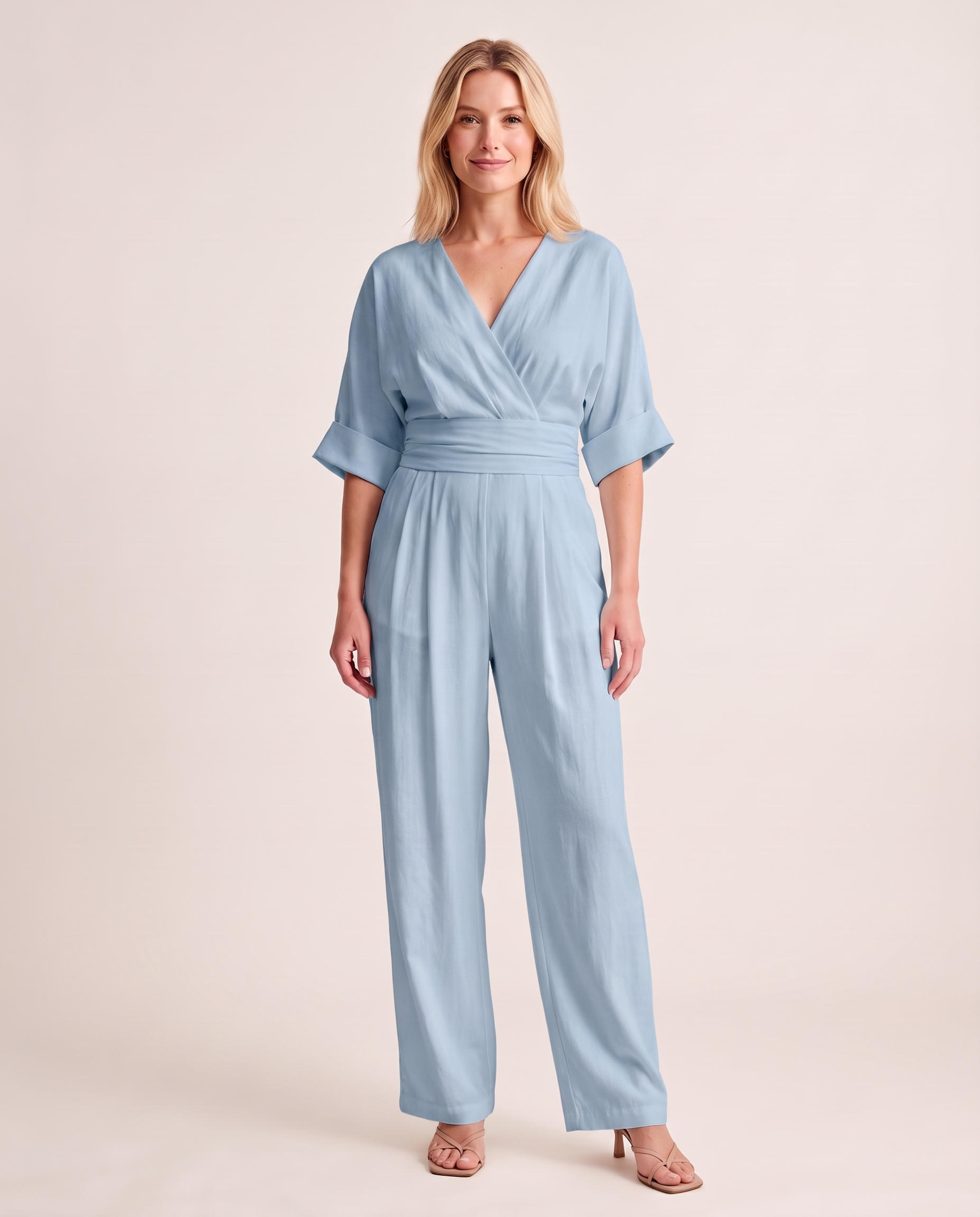 Surplice V Neck Wide Leg Jumpsuit — colour
